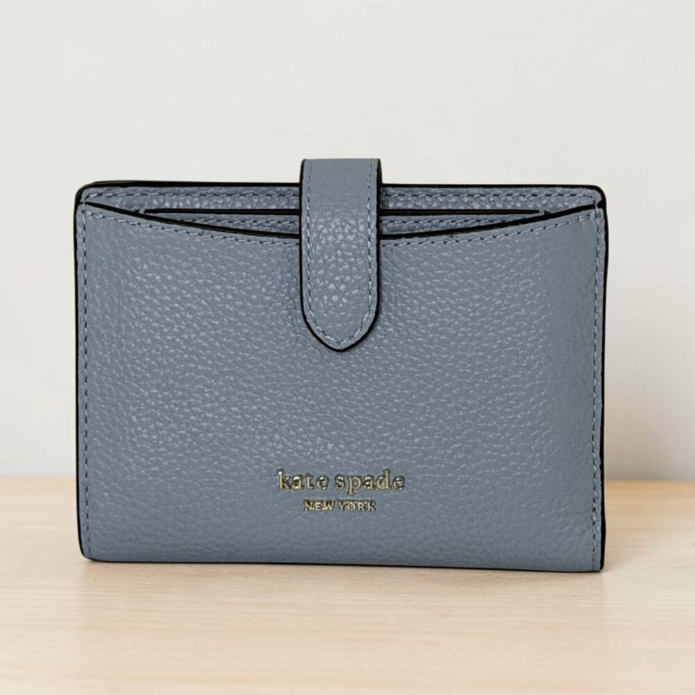 Kate Spade Hudson Bifold Wallet Blue Pebbled Leather Removable Card Case NEW